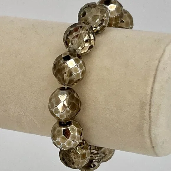 Faceted Czech Glass Fire Polished Gray Gold Crystal Chunky Bead Stretch Bracelet - Picture 10 of 16